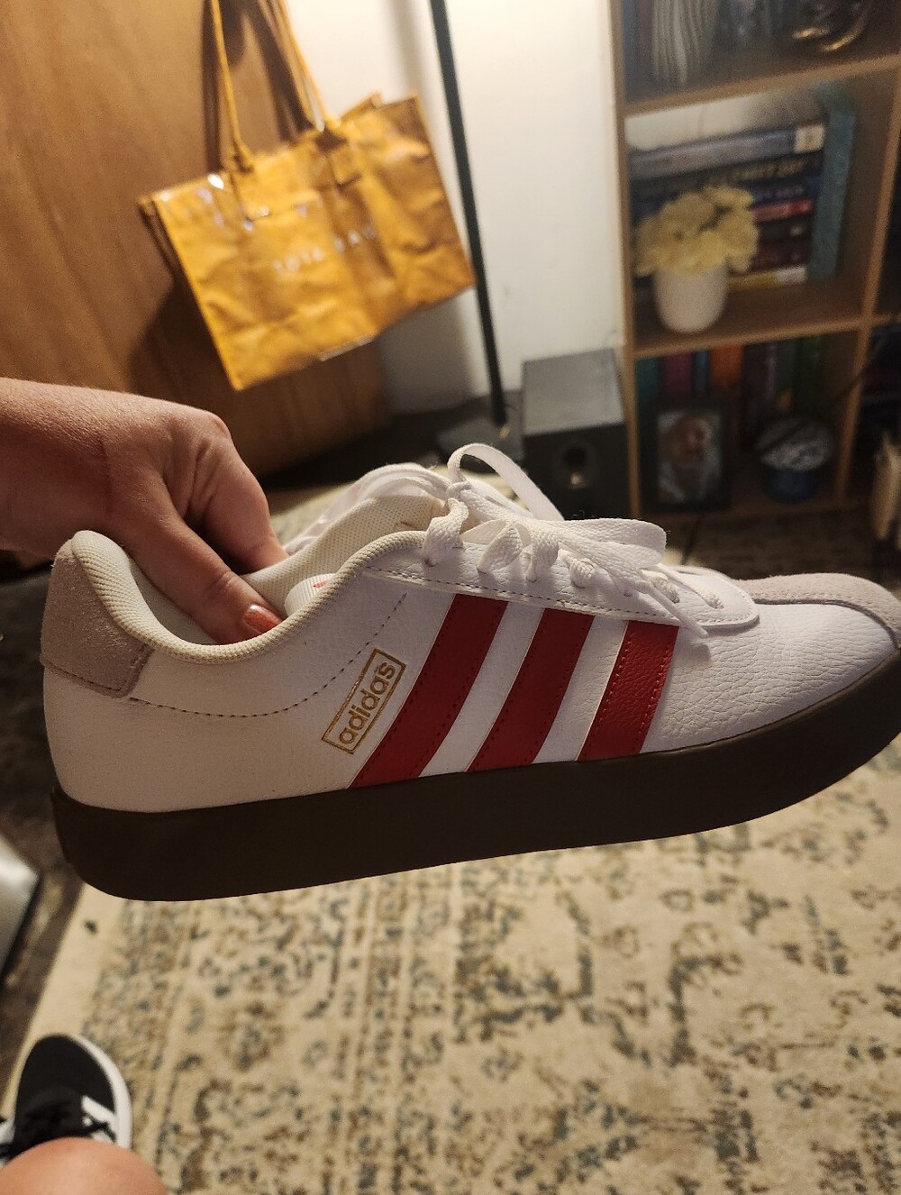 adidas Women’s White Sneakers with Red Stripes and Gum Sole